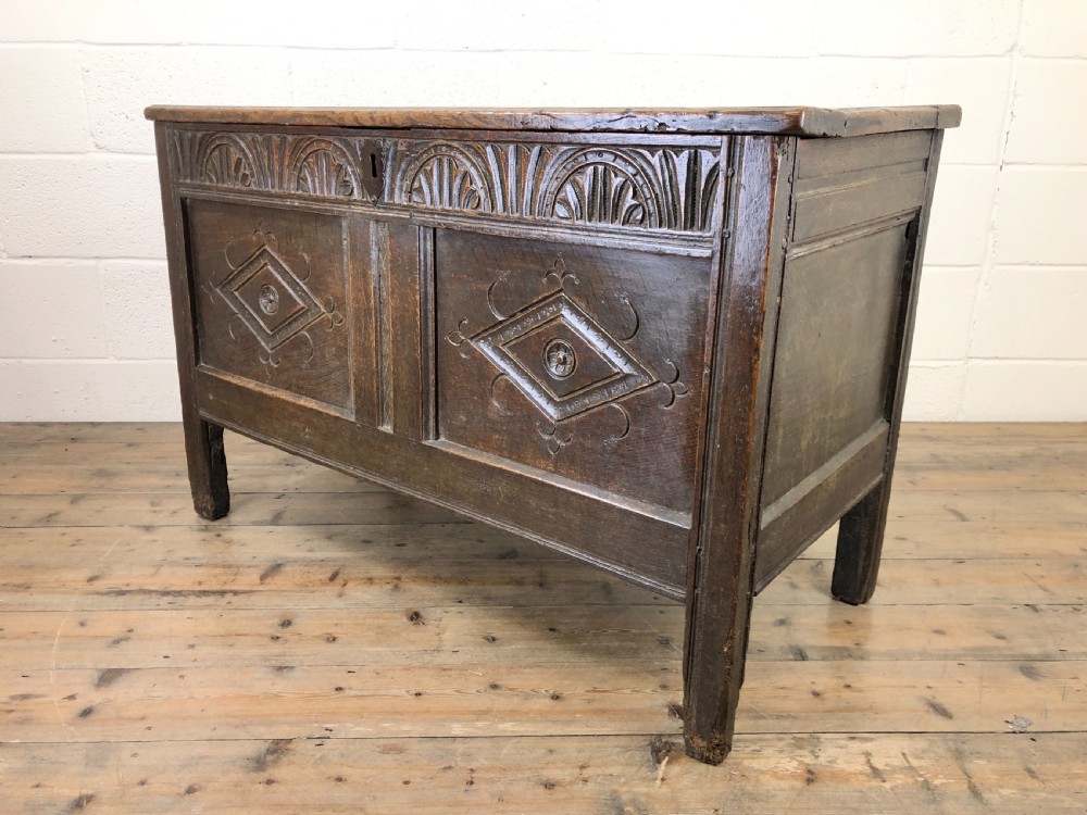 18th Century Oak Coffer with Carved Front View IX