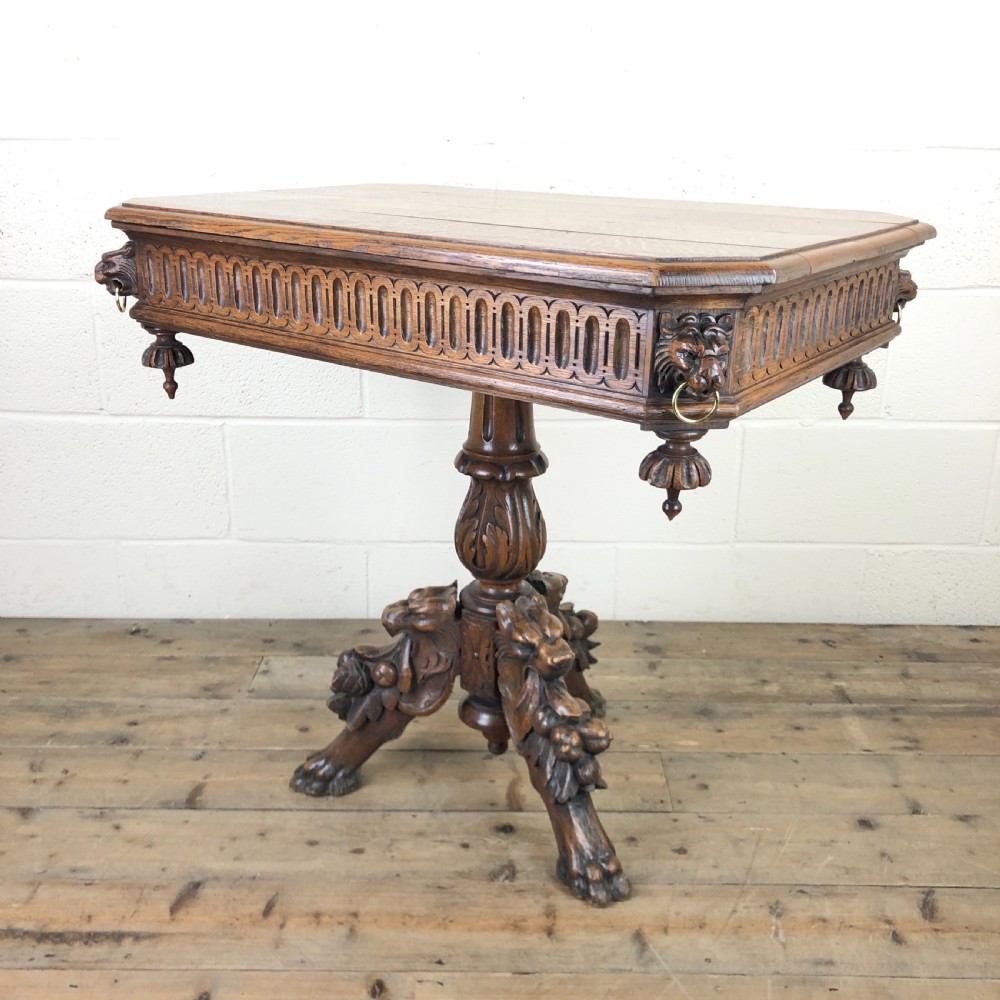 Antique Oak Centre Table with Lion Masks and Rings