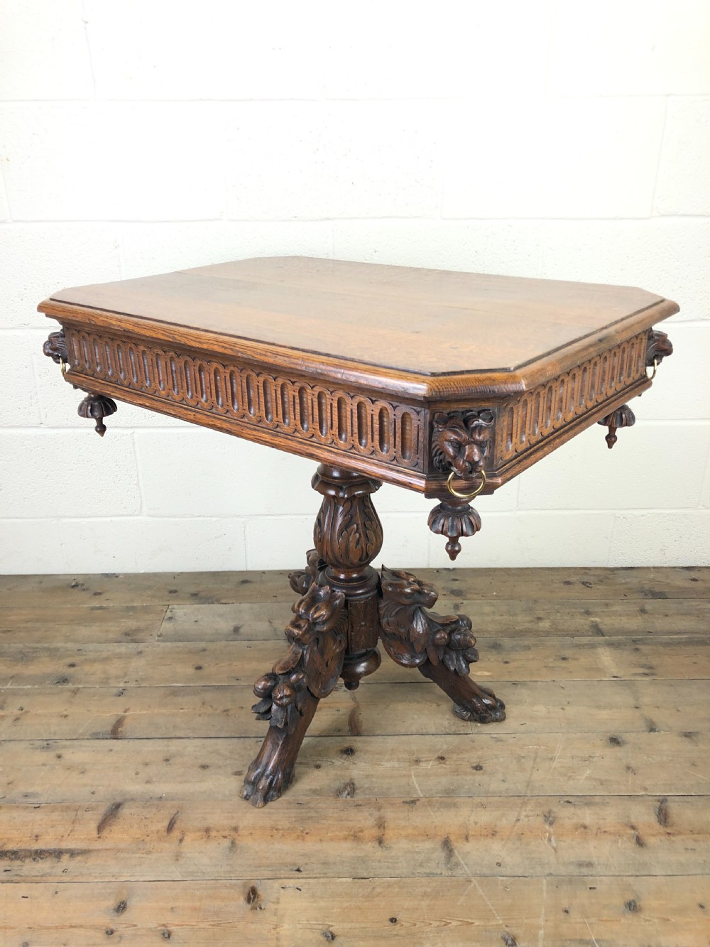 Antique Oak Centre Table with Lion Masks and Rings View VII