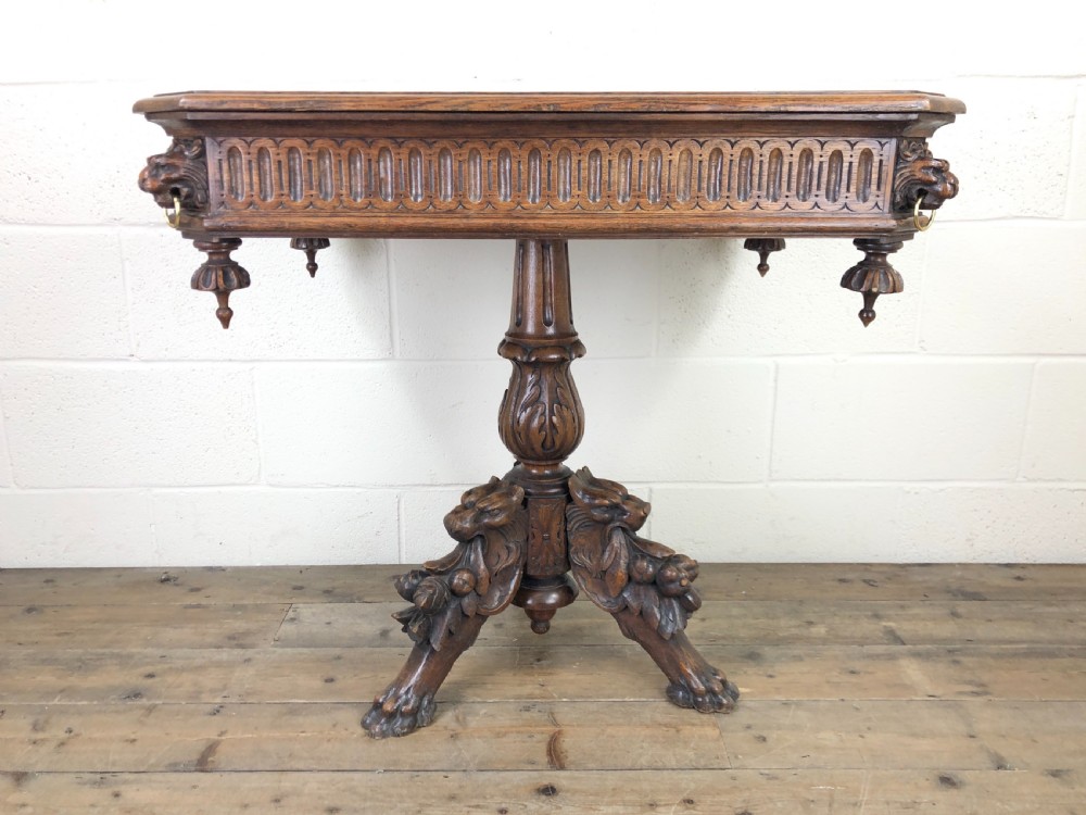 Antique Oak Centre Table with Lion Masks and Rings View X