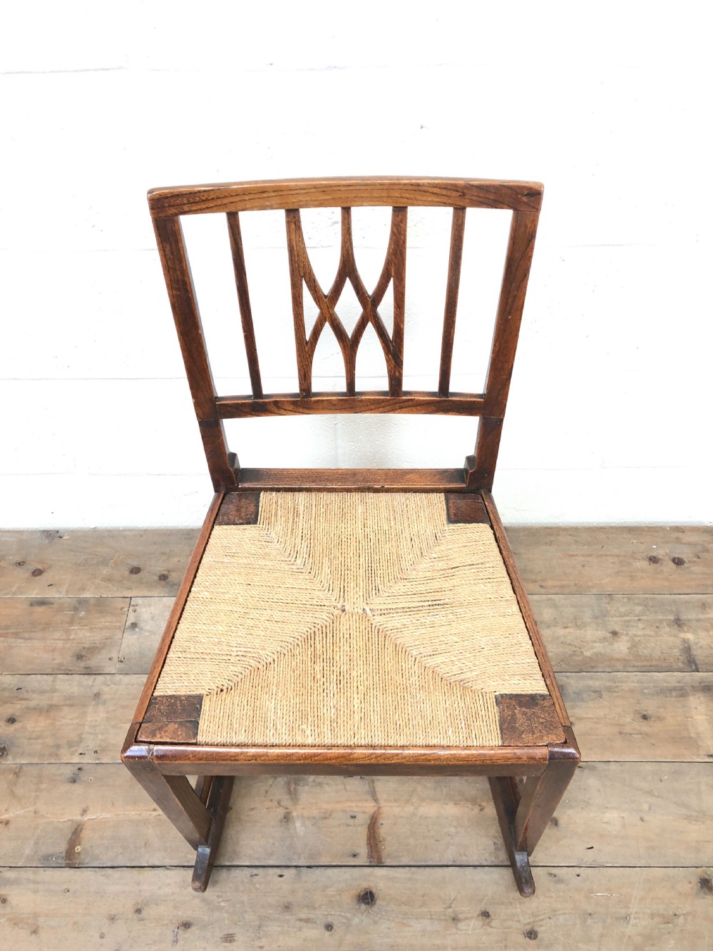 Antique Elm Rocking Chair with Rush Seat View II