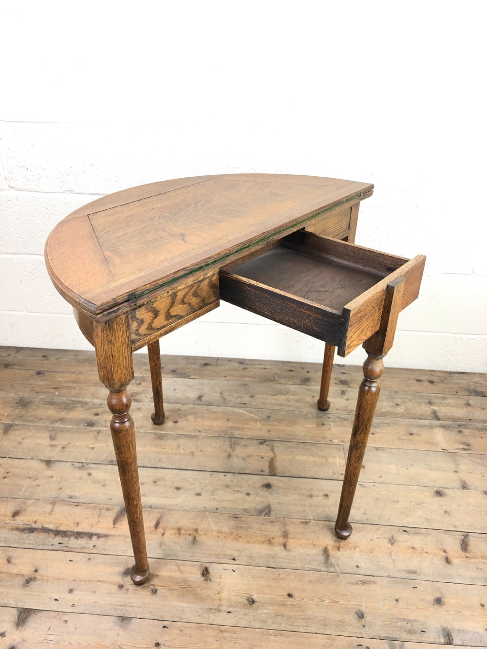 Early 20th Century Oak Demi-Lune Fold Over Games Table View V