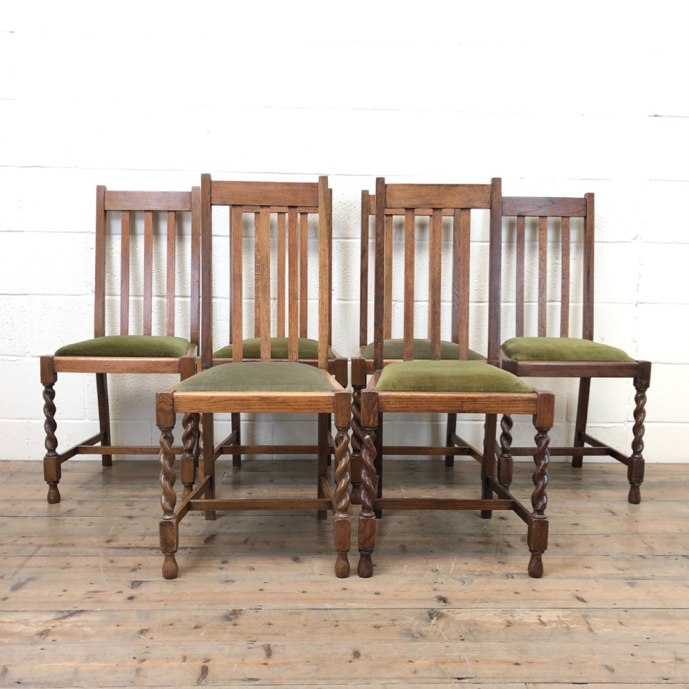 Antique Set of Six Green Fabric Dining Chairs