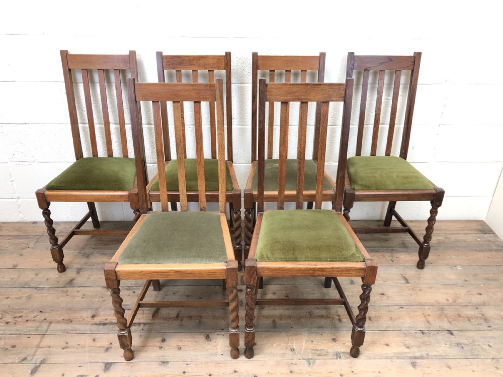 Antique Set of Six Green Fabric Dining Chairs View II