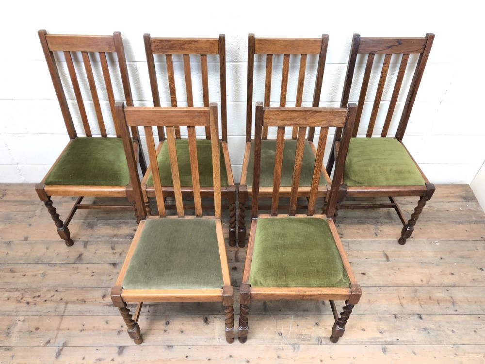 Antique Set of Six Green Fabric Dining Chairs View III