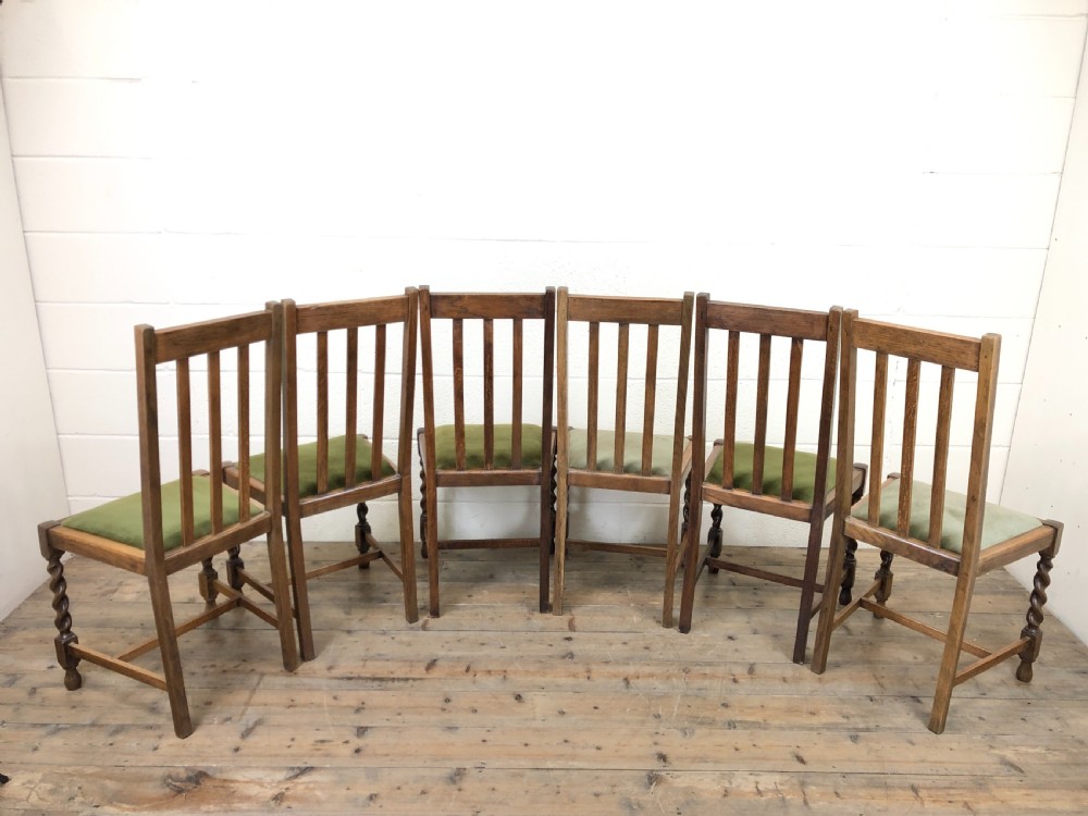 Antique Set of Six Green Fabric Dining Chairs View IX