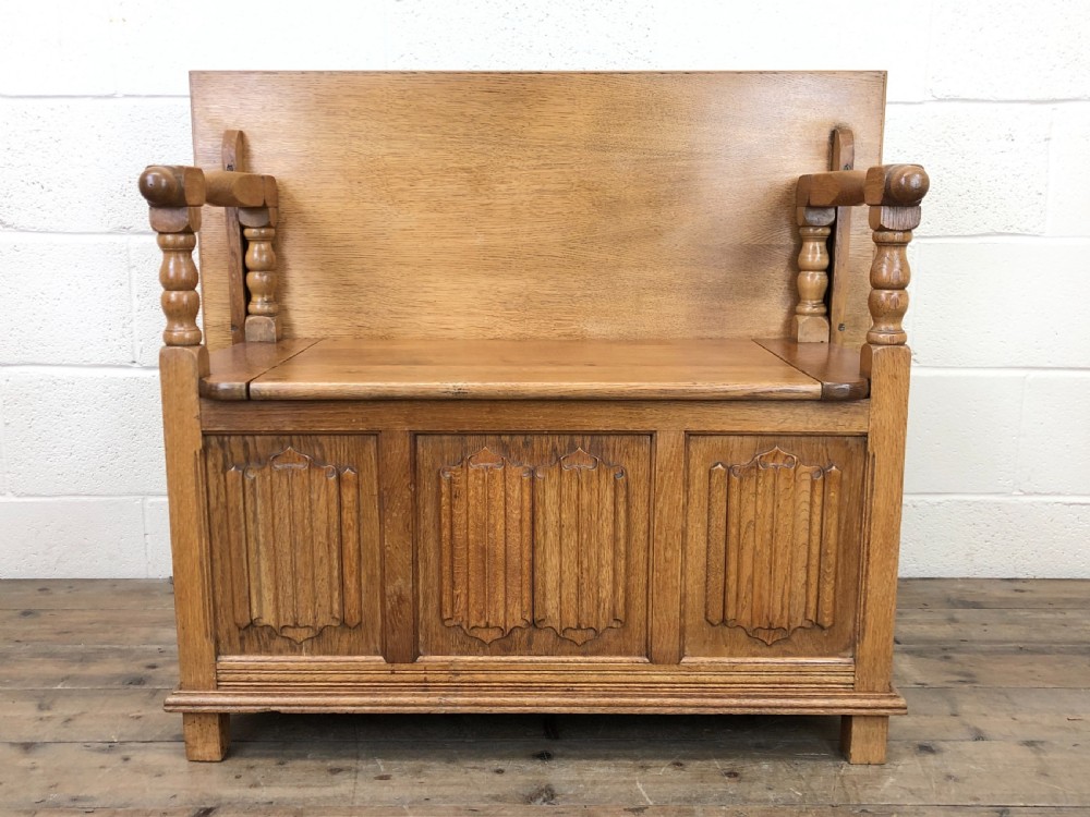 Antique Panelled Pale Oak Monk’s Bench View IV