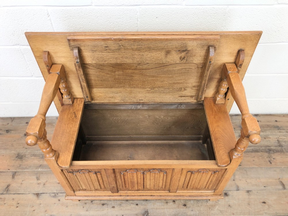 Antique Panelled Pale Oak Monk’s Bench View V