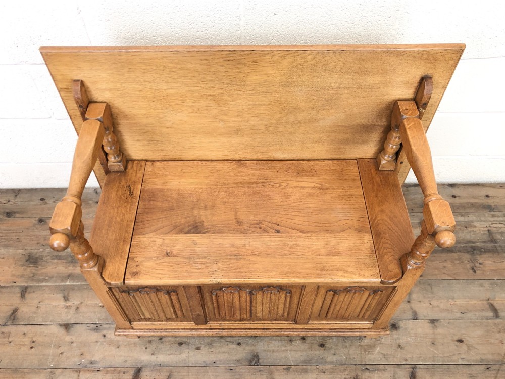 Antique Panelled Pale Oak Monk’s Bench View VI