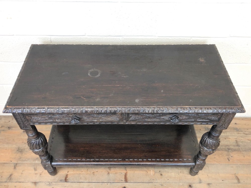Victorian Carved Oak Two-Tier Table View II