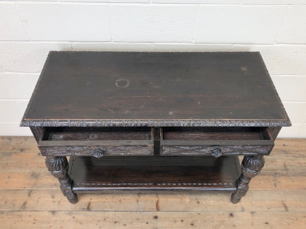 Victorian Carved Oak Two-Tier Table View III