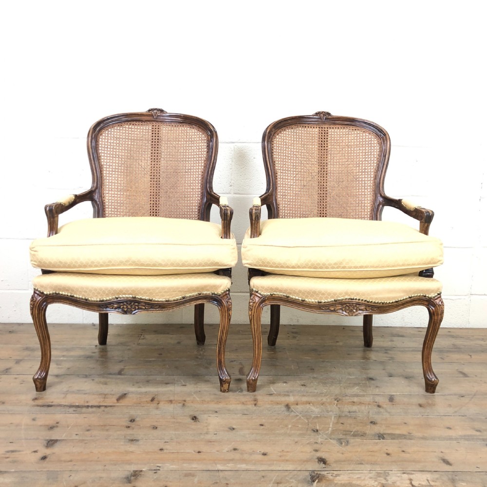 Upholstered Pair of French Cane Chairs