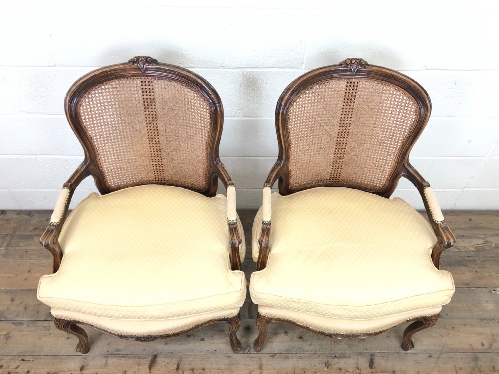 Upholstered Pair of French Cane Chairs View II