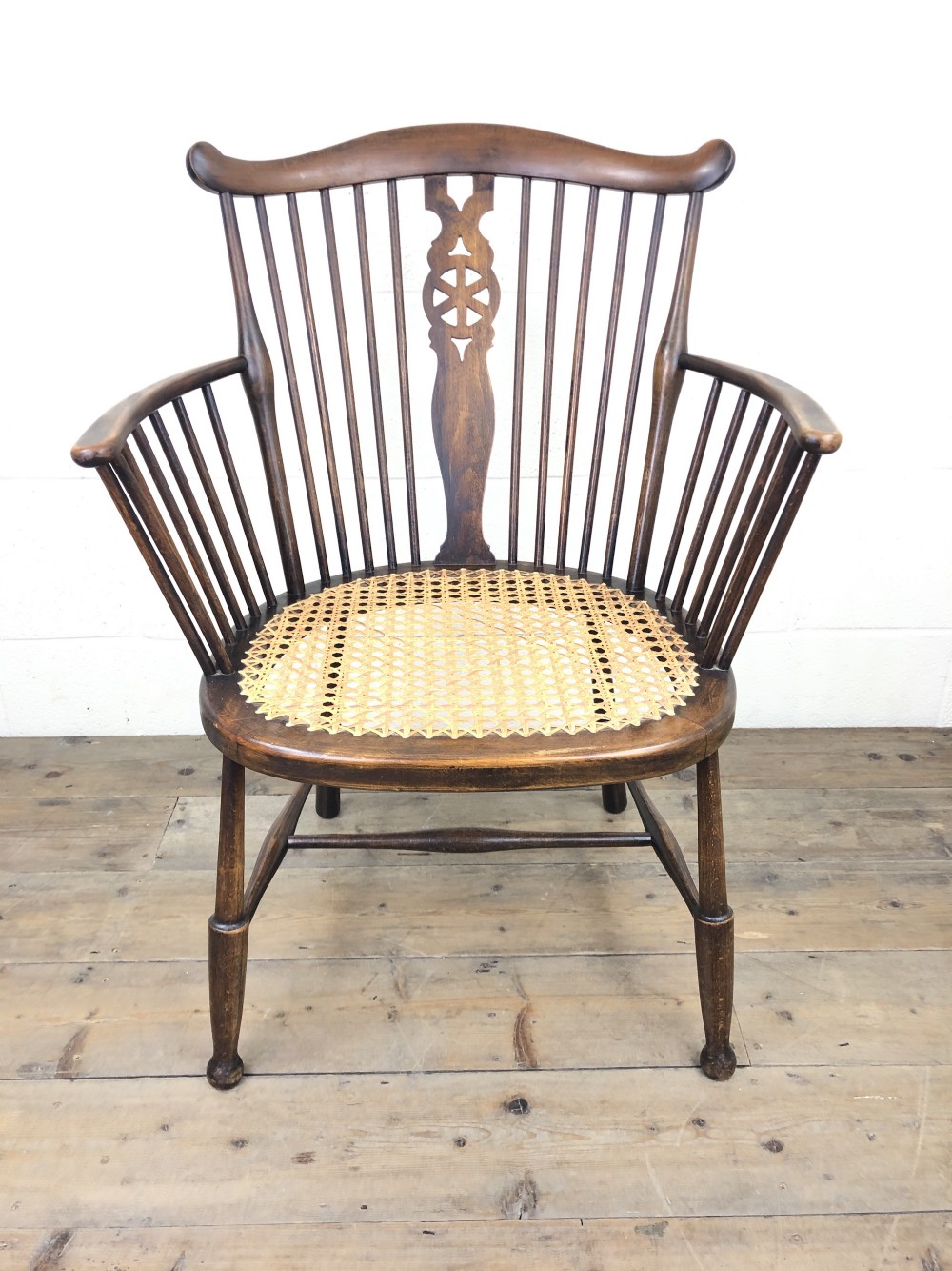 Edwardian Windsor Stick Back Armchair with Cane Seat
