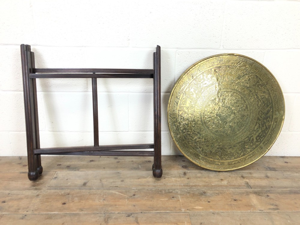 Early 20th Century Folding Table with Brass Tray Top View VI