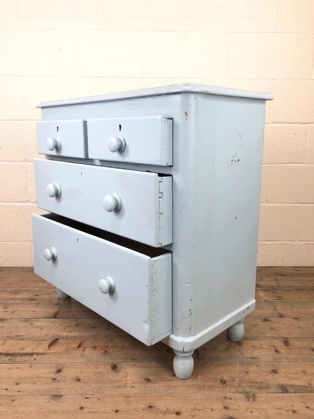 Small Victorian Blue Pine Painted Chest of Drawers View VII