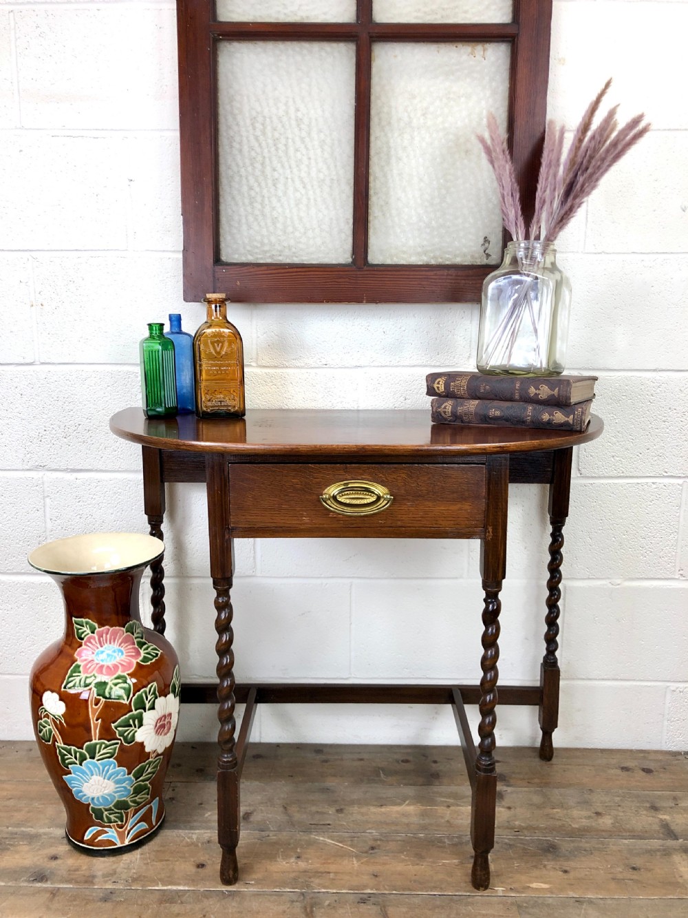 Antique Oak Demi-Lune Console Table  View XII