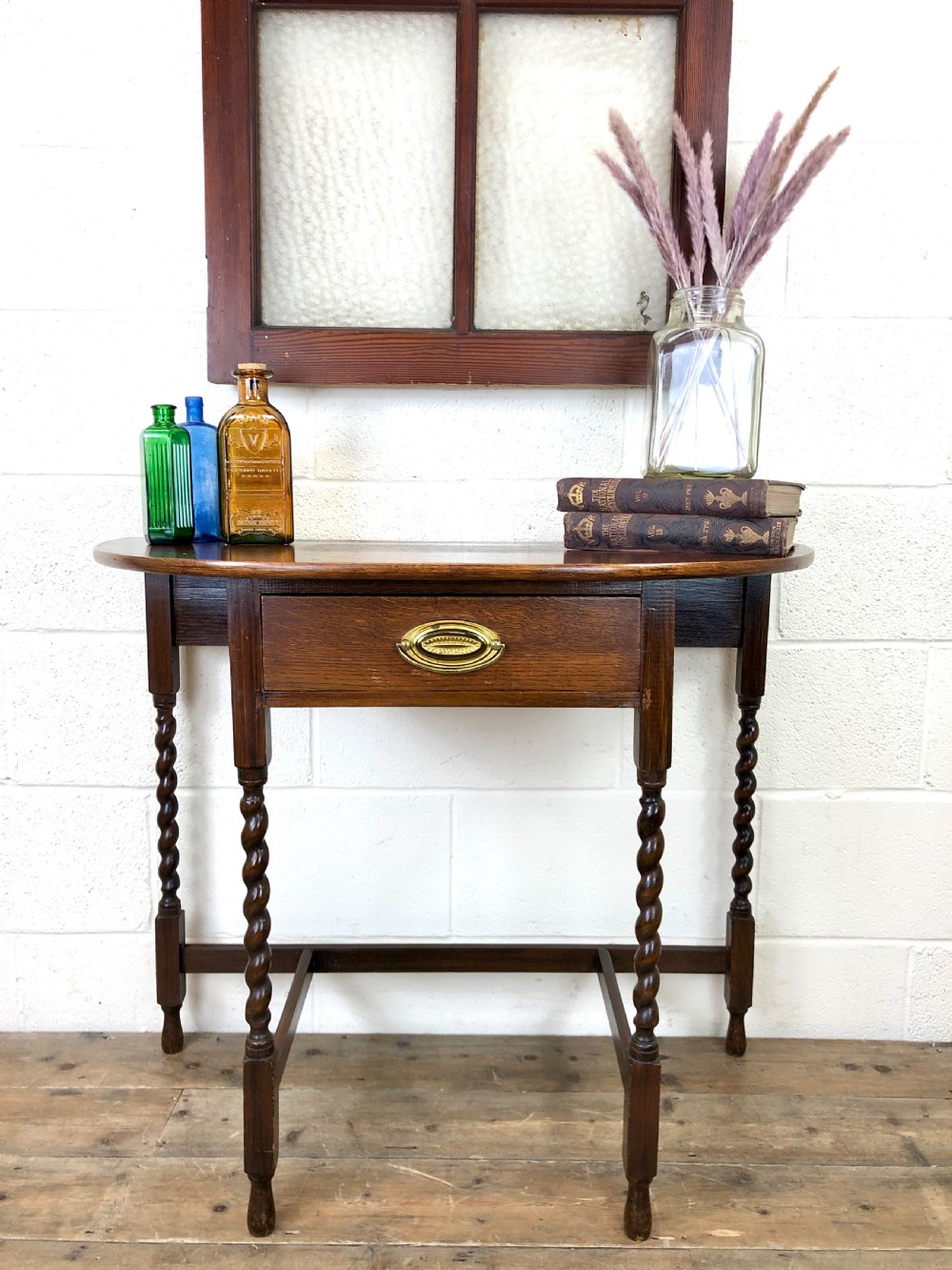 Antique Oak Demi-Lune Console Table  View XIII