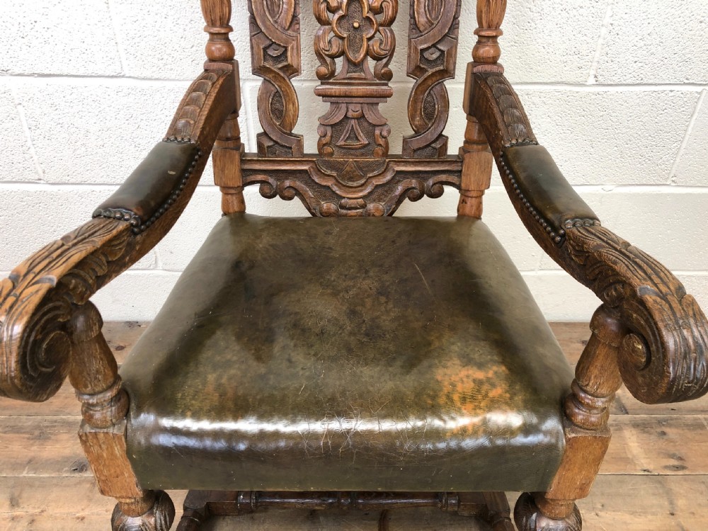 Antique Victorian Carved Oak Armchair View III