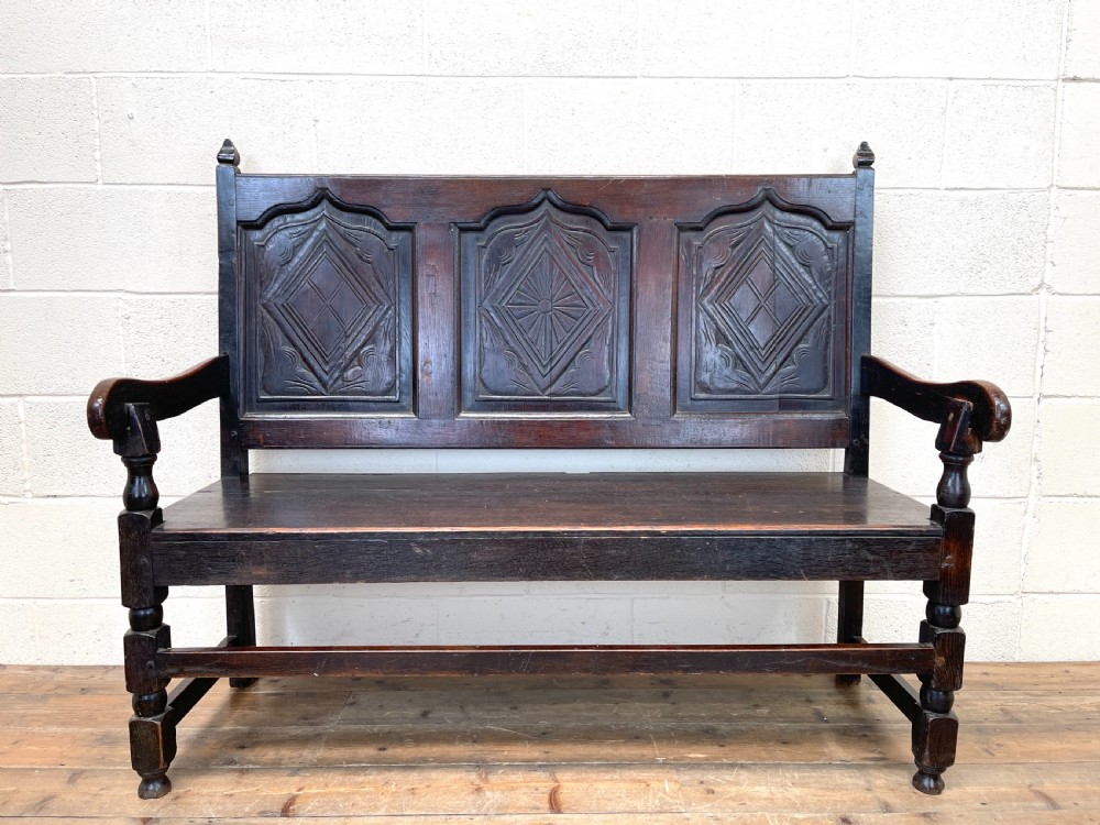 Antique Carved Oak Settle Bench