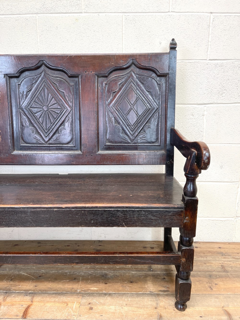 Antique Carved Oak Settle Bench View III