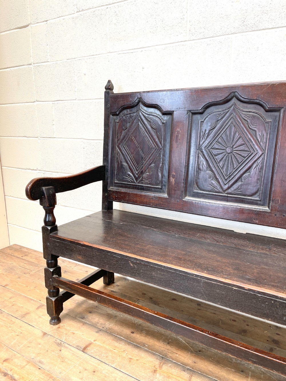 Antique Carved Oak Settle Bench View IV