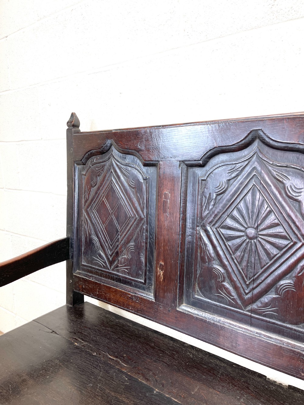 Antique Carved Oak Settle Bench View VI
