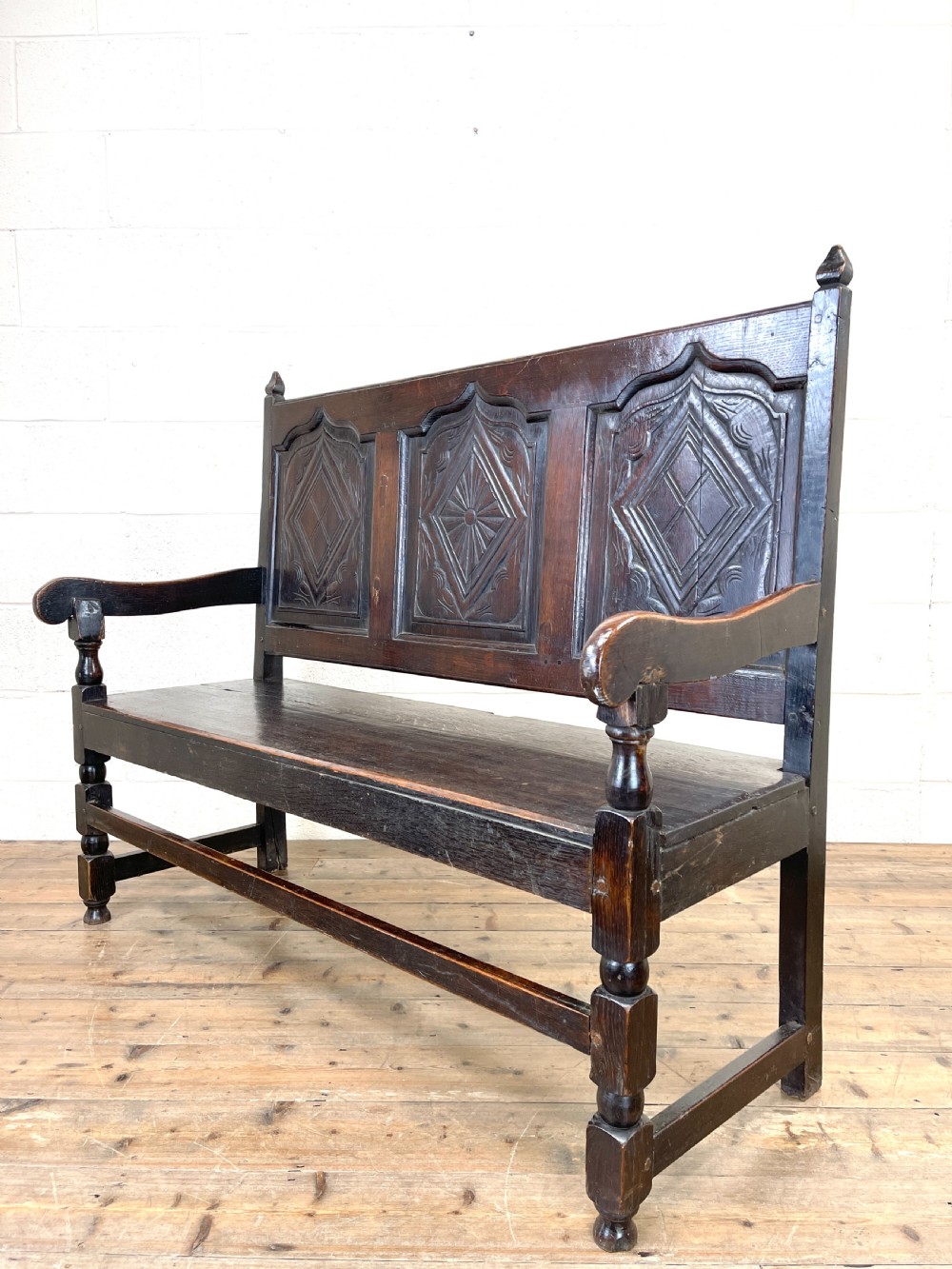Antique Carved Oak Settle Bench View VII