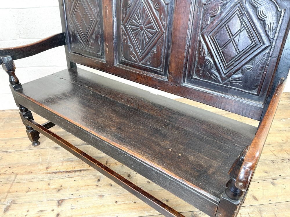 Antique Carved Oak Settle Bench View VIII