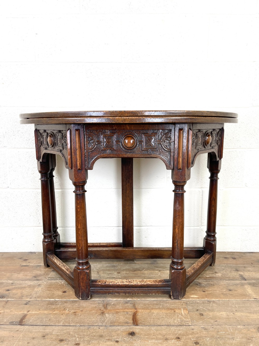 Carved Oak Fold-over Demi Lune Table 