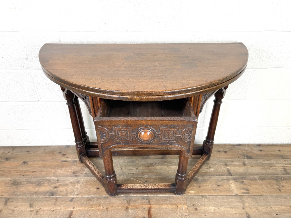 Carved Oak Fold-over Demi Lune Table  View III