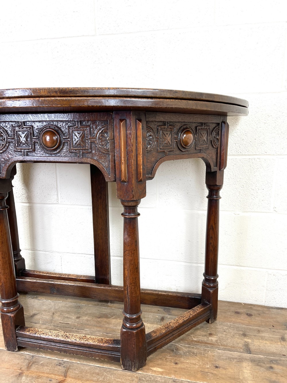 Carved Oak Fold-over Demi Lune Table  View IV
