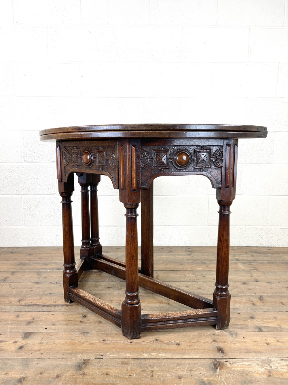 Carved Oak Fold-over Demi Lune Table  View V