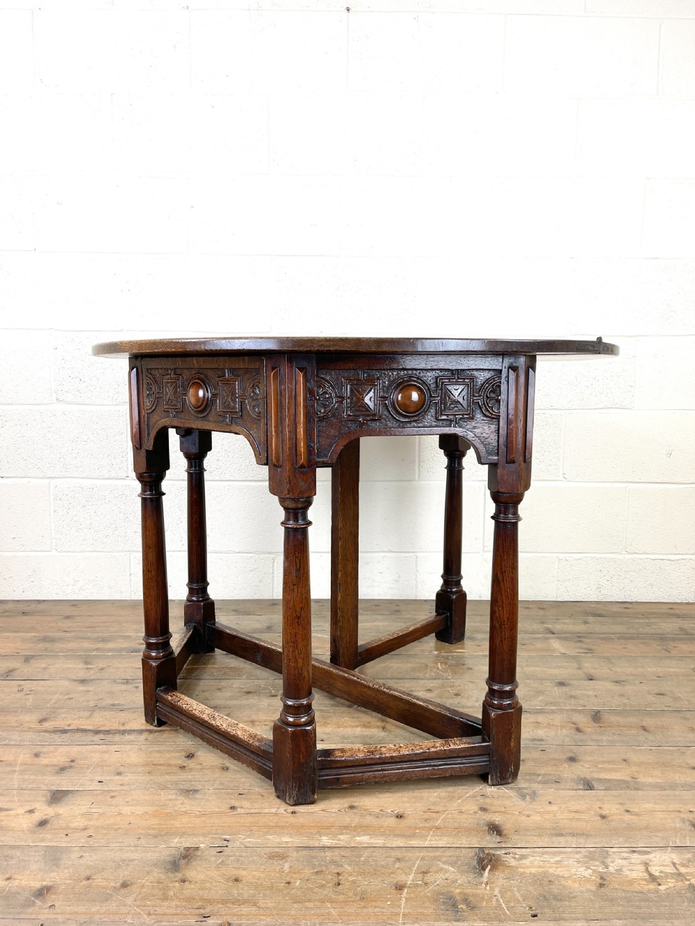 Carved Oak Fold-over Demi Lune Table  View VI