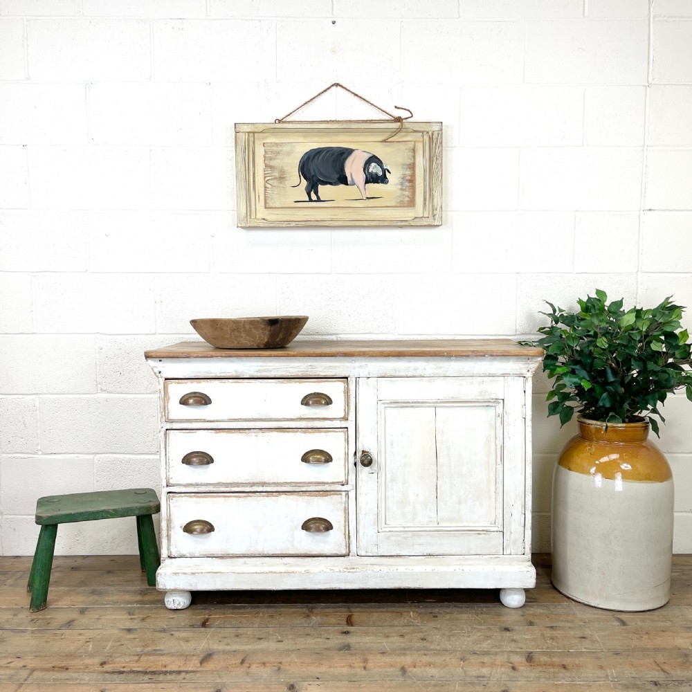 Distressed Antique Pine Cupboard with Painted Base