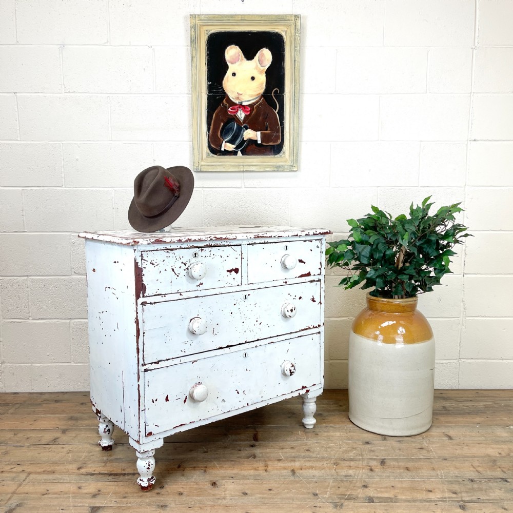 Small Distressed White Painted Victorian Chest of Drawers  View II