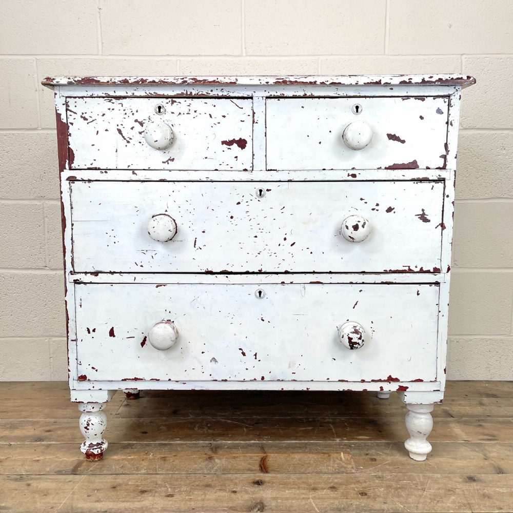 Small Distressed White Painted Victorian Chest of Drawers 