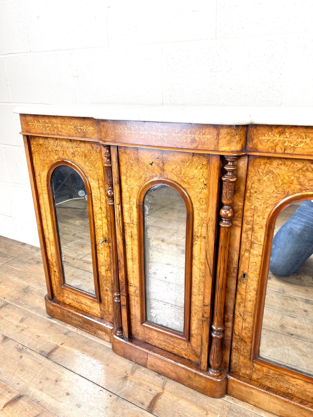Victorian Inlaid Walnut Credenza with Marble Top View V