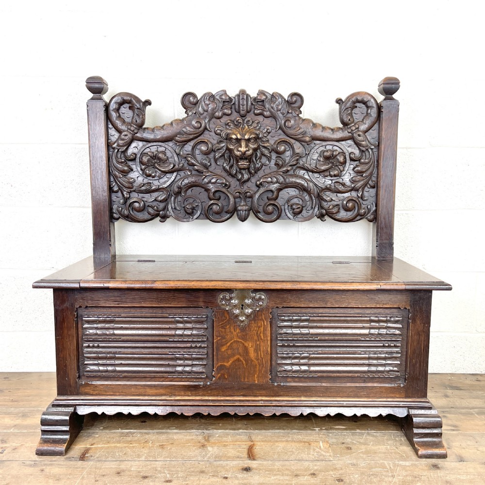 Antique Carved Oak Settle Bench with Storage