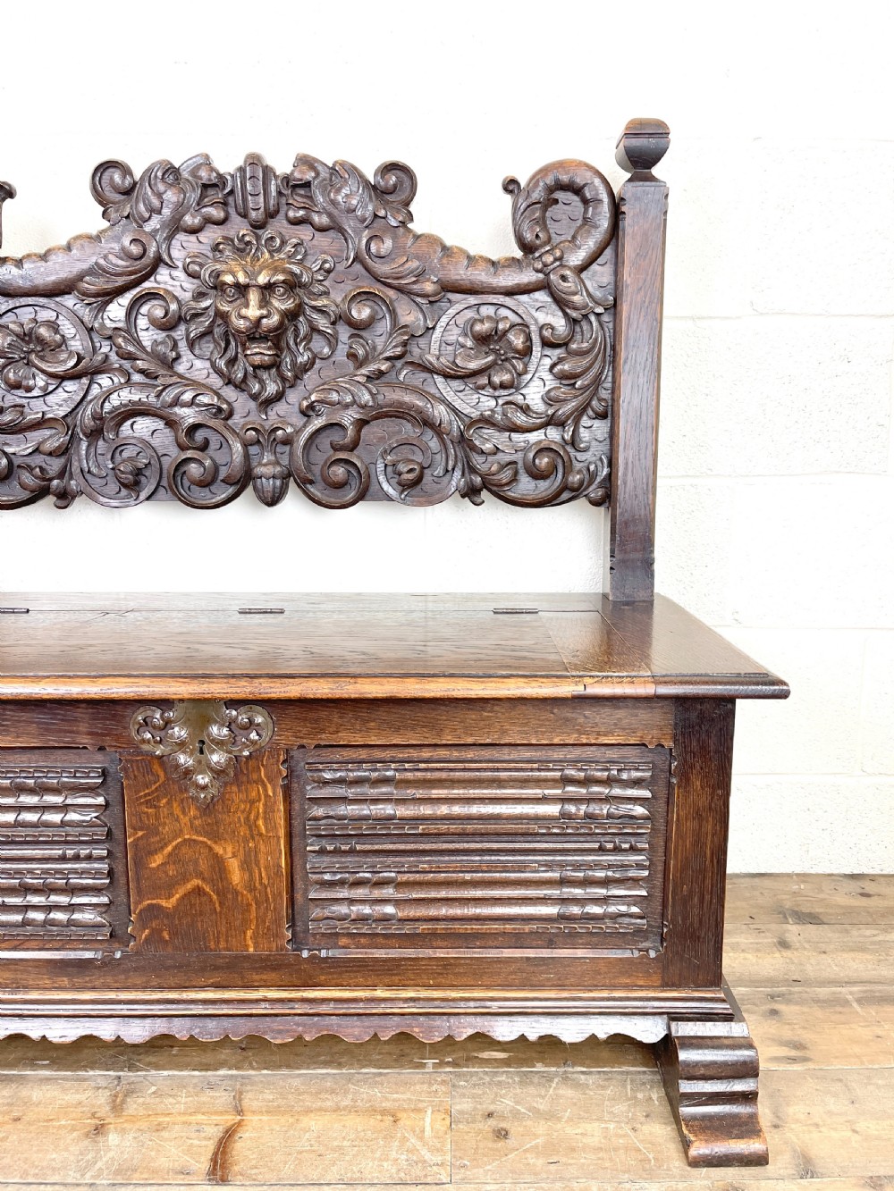 Antique Carved Oak Settle Bench with Storage View II