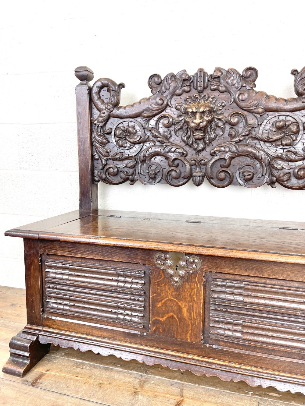 Antique Carved Oak Settle Bench with Storage View III