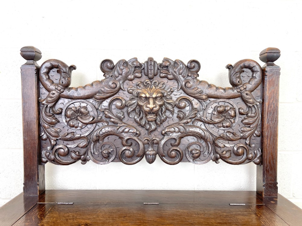 Antique Carved Oak Settle Bench with Storage View IV