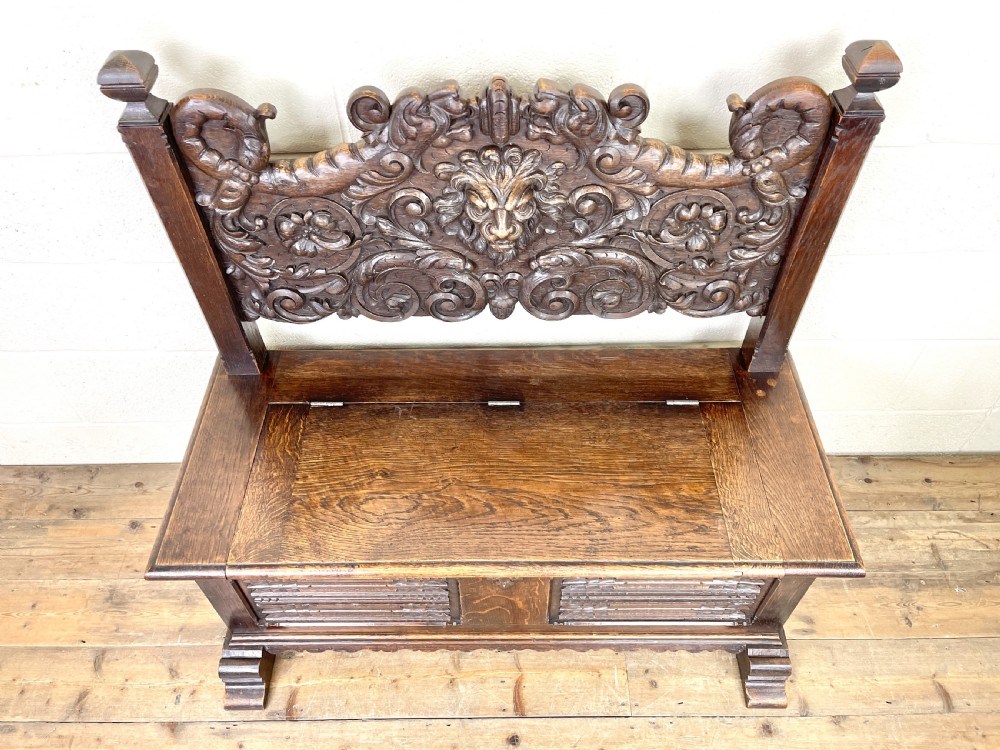 Antique Carved Oak Settle Bench with Storage View V
