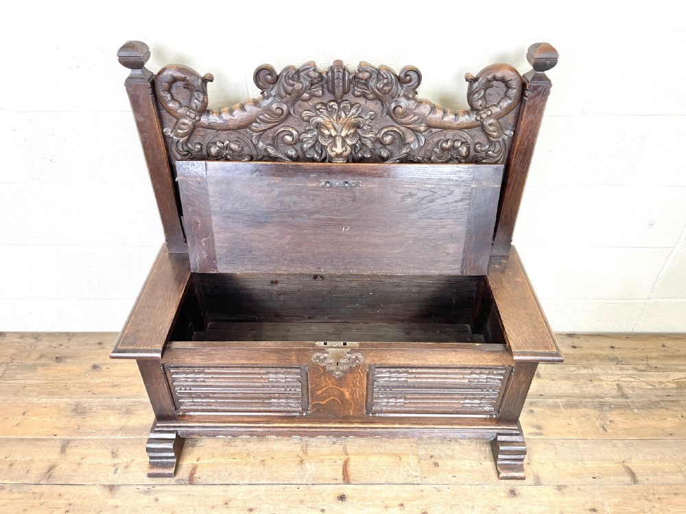 Antique Carved Oak Settle Bench with Storage View VII