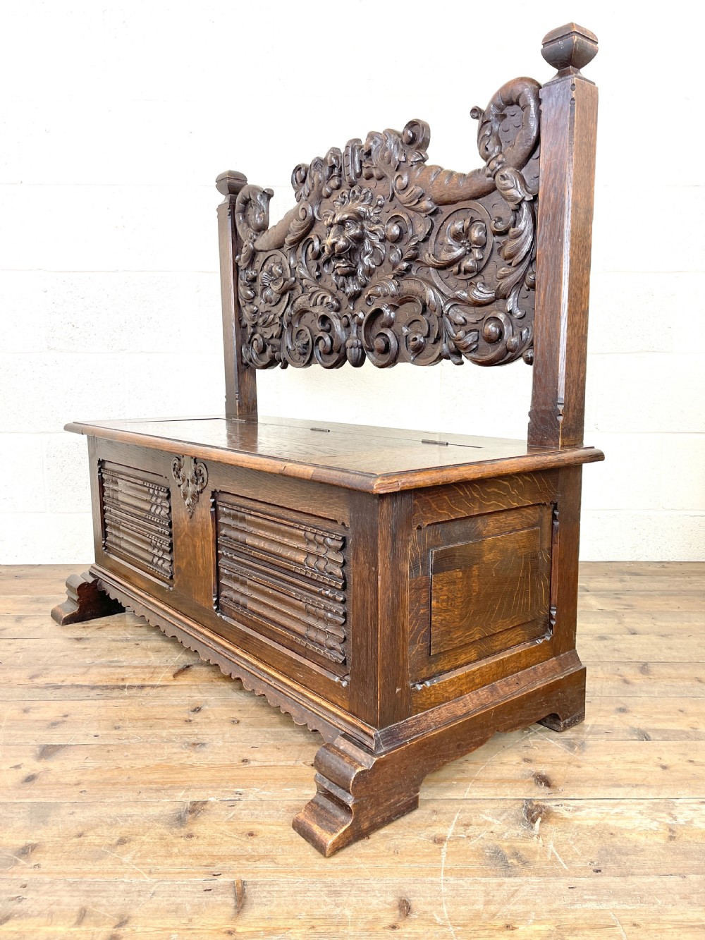 Antique Carved Oak Settle Bench with Storage View VIII