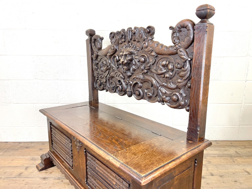 Antique Carved Oak Settle Bench with Storage View IX