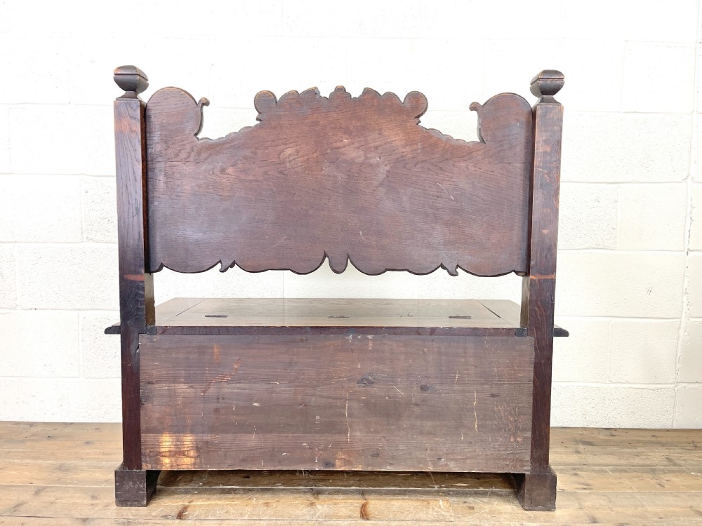 Antique Carved Oak Settle Bench with Storage View X
