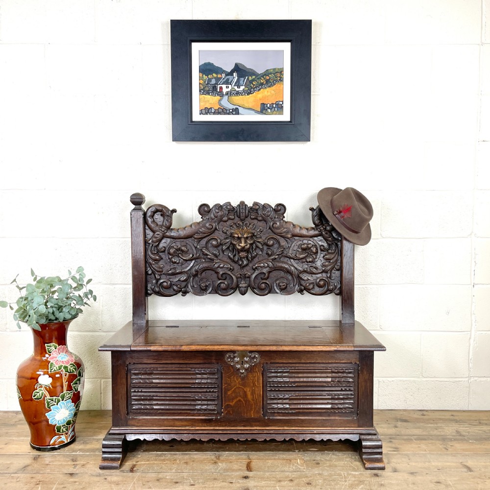 Antique Carved Oak Settle Bench with Storage View XI