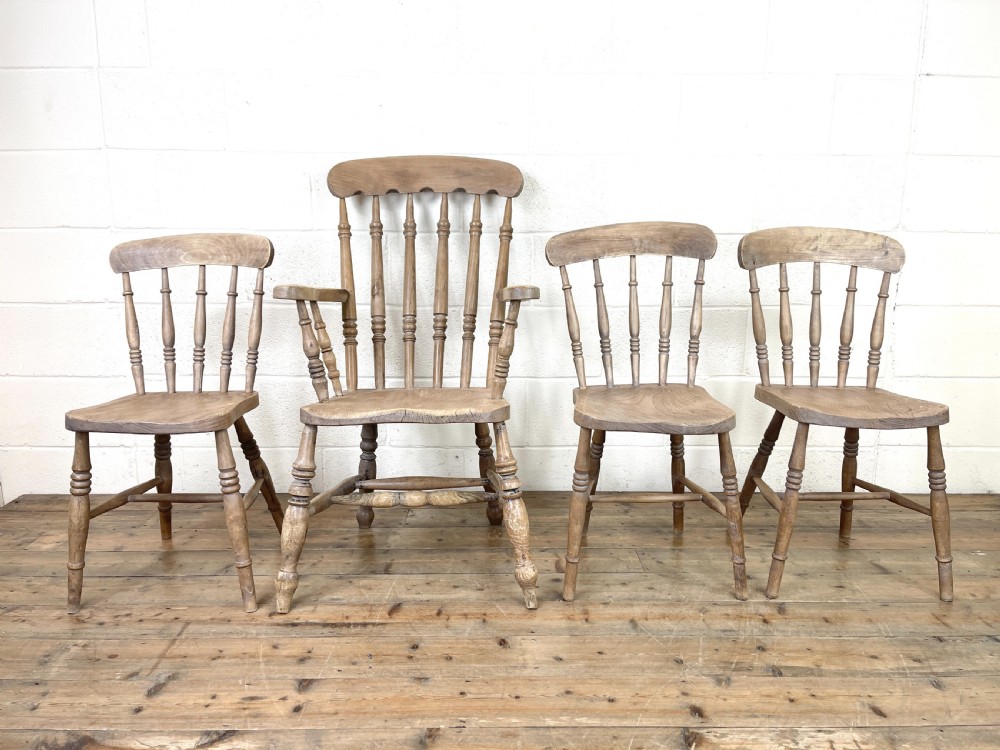 Four Rustic Spindle Back Farmhouse Chairs