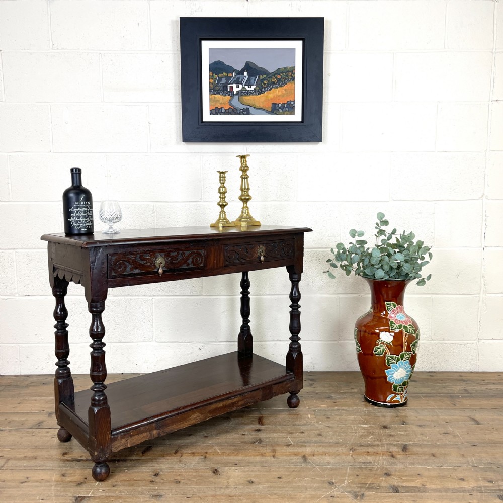 Victorian Carved Oak Two Drawer Side Table View II